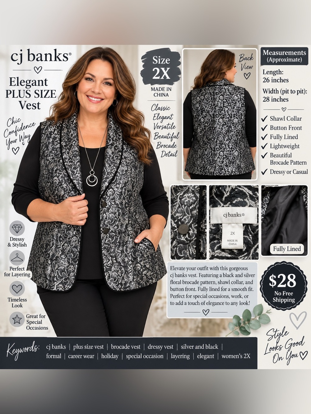 CJ Banks Black & Silver Metallic Floral Brocade Vest